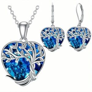 Unique Family Tree of Life Pendant Necklace & Earring Set in Blue